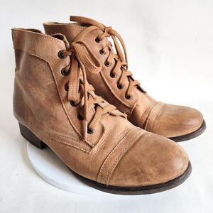 70 Post Paris Carissa Nuback Leather Lace-up  Combat Ankle Boots Camel Tan 9
